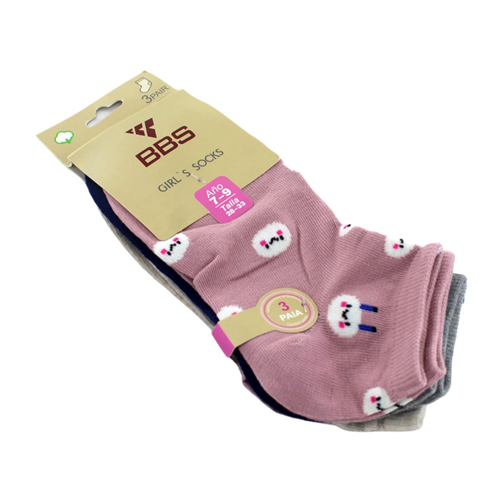 Paquete con 3 pares de calcetines tobilleros bbs con estampado para niña,  variedad de tallas y modelos / 3 paia / 587117 / 587186