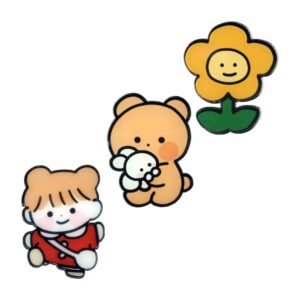 Paquete 3 pines con diseño kawaii, flor, oso y muñeca, 3.5cm / pines.3