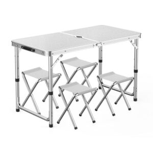 Mesa plegable ajustable para exteriores en color blanco, 120x60x70x60x55cm + 4 bancos taburetes / lu5066