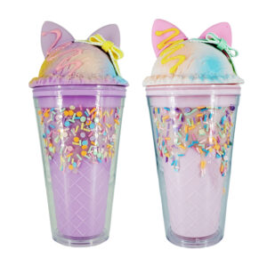 Vaso de acrílico con efecto cono de helado con chispas + tapa y popote con diseño de helado con orejas de gato / p-3