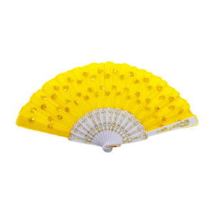 1pza Abanico de tela con diseño flores de lentejuelas y mango de plástico con detalles dorados, variedad de colores