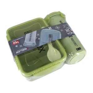 Kit lunch box, tupper rectangular de 2 compartimientos con cubierto y botella tipo vaso con tapadera / water bottle / kx-8216