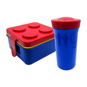 Set tupper cuadrado en forma bloque de construcción, con cubierto + vaso / 24-fh-3005