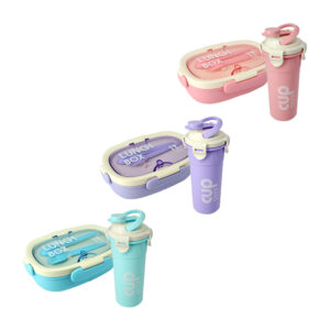 Set tupper ovalado de plástico con 3 compartimientos y 2 cubiertos + botella de 500ml, variedad de colores / lunch box / cup / wonderful life