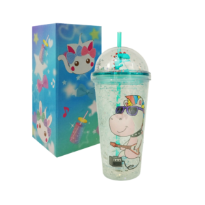 Vaso de acrílico con efecto hielo, luces led, popote, tapa tipo domo con diamantina y estampado de unicornio / sh1032