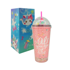 Vaso de acrílico con efecto hielo, luces led, popote, tapa tipo domo con bolitas y figura de oso / sh1034