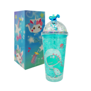 Vaso de acrílico con efecto hielo, luces led, popote, tapa tipo domo con bolitas y estampado de dinosaurio / sh1035