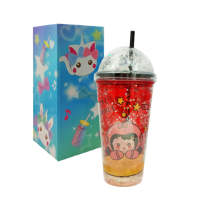 Vaso de acrílico con efecto hielo, luces led, popote, tapa tipo domo con diamantina y estampado de astronauta / sh1036