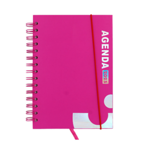 Agenda 2025 de pasta dura en color liso con diseño letras tornasol + separador y resorte, variedad de colores