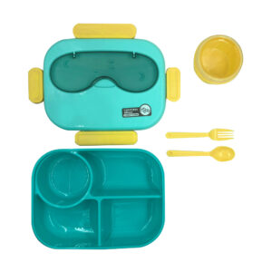 Tupper cuadrado de plástico con 4 compartimentos 1900ml + 1 mini tupper 250ml y cubiertos, variedad de colores / fh126