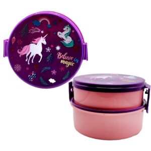 Juego de tupper infantil redondo con 2 niveles + botella y cubierto, diseño de unicornio, variedad de colores / believe in magic