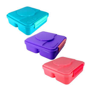 Tupper cuadrado con 2 compartientos, stickers y cubierto, 18cm, variedad de colores / 16658