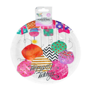 Paquete con 10 platos redondos reino fiesta de 9 pulgadas con estampado de globos y frase happy birthday / 60899