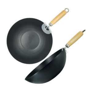 1pza Sartén hondo de metal con diseño de escamas en el fondo y mango de madera, 24.5cm / mini wok