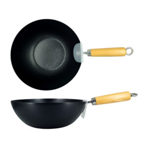 1pza Sartén hondo de metal con diseño de escamas en el fondo y mango de madera, 28cm / mini wok