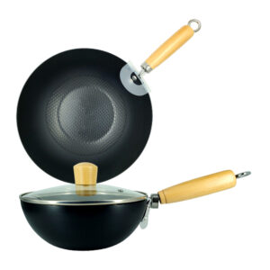 Sartén hondo de metal con diseño de escamas en el fondo y mango de madera + tapadera transparente, 20cm / mini wok
