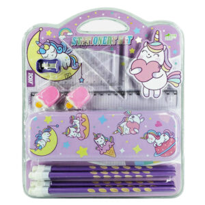Kit de papelería infantil con lapicera metálica + 6 lápices, 2 borradores, sacapuntas, regla y escuadras con diseño estampado de unicornio, variedad de colores / zy-3263