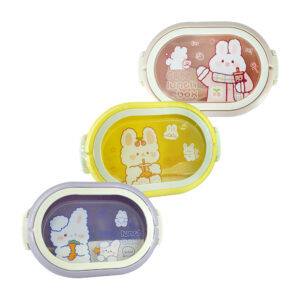 Tupper ovalado de plástico con estampado de conejos, separador y 2 cubiertos, variedad de colores