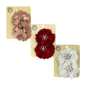 Paquete de 12 blíster con 2 broches diseño moño de tela con flor metálica, variedad de colores