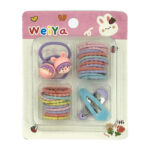 Blíster con mini pasadores, donas corrugadas y ligas con figura acrílica, variedad de colores / 107578
