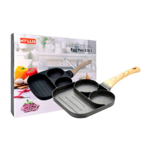 Sartén cuadrado con recubrimiento de mármol, 2 compartimientos circulares multifuncionales y mango de madera / egg pan 2 in 1 / 15707