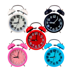 Reloj despertador redondo de manecillas y campanas, 8.5x12cm, variedad de colores / clock / lu996
