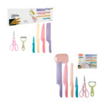 Set de 4 cuchillos bali + tijeras, pelador y tabla para cocina, variedad de colores / corrugated kitchen knife / er0278 / lu7018