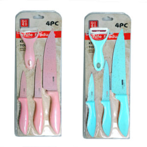 Set de cocina con 3 cuchillos de diferente tamaño y pelador, variedad de colores / knife products