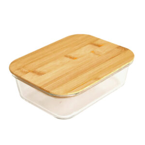 Recipiente rectangular de cristal + tapadera de bambú con cierre hermético para alimentos, 5x11x15cm