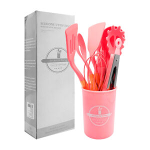Set 11 utensilios pequeños de silicón con mango de madera para cocina + bote, variedad  de colores / silicone utensils set / kitchen & dining / 78209