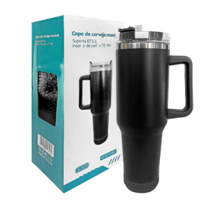 Vaso termo de acero inoxidable con asa, capacidad 1200ml + popote y bocina bluetooth integrada con luz rgb, variedad de colores / copo de cerveja musical / s-1616
