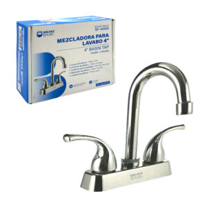 Llave mezcladora solvex basic de 4 pulgadas con cuello cisne de acero inoxidable y manerales para lavabo / sf-41005