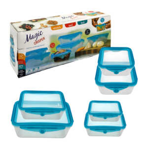 Juego de 4 tuppers rectangulares y 2 tuppers cuadrados, de plástico, montables y con tapa flexible, variedad de usos / magic crisper / 10727