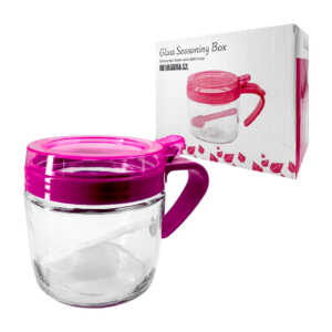 1pza Molde / taza de vidrio con tapa levantable, agarradera y cuchara de plástico, para almacenaje, variedad de usos / glass seasoning box