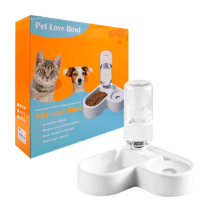 1 pza Tazón grande para mascota en forma de corazón, de doble espacio y bebedero, variedad de colores / pet love bowl / 17385