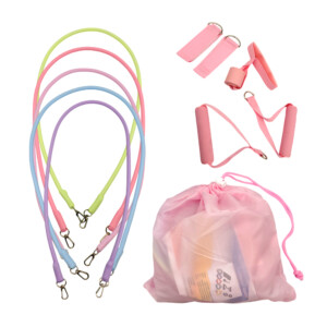 Bolsa con ligas de resistencia y herramientas para hacer ejercicio, color pastel / resistance band kit
