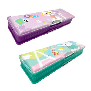 Lapicera rectangular con 2 compartimientos magnéticos, sacapuntas y estampado de personajes, variedad de diseños / b3166