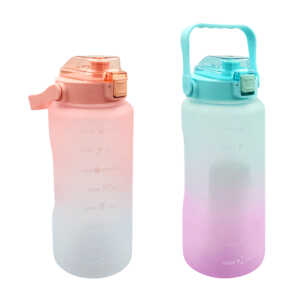 Botella de plástico bicolor motivacional personalizable con stickers, popote y capacidad de 2000ml / kl-091