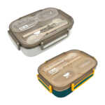 Tupper rectangular lunch box con 3 compartimientos, 2 mini recipientes, cubiertos y capacidad de 1450ml, variedad de colores / kl-391