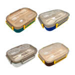 Tupper rectangular lunch box con 3 compartimientos, 2 mini recipientes, cubiertos y capacidad de 1450ml, variedad de colores / kl-391