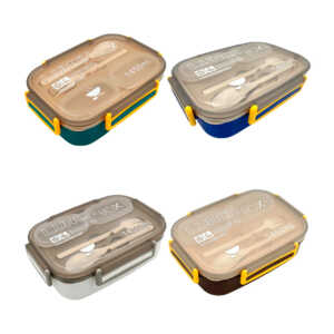 Tupper rectangular lunch box con 3 compartimientos, 2 mini recipientes, cubiertos y capacidad de 1450ml, variedad de colores / kl-391