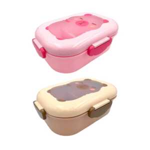 Tupper rectangular de plástico con 2 compartimentos, cubierto y estampado de capibara, variedad de colores / kpbl-011