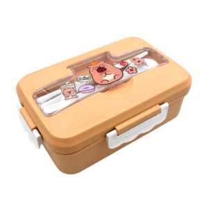 Tupper rectangular de plástico con 3 compartimentos, cubiertos y estampado de capibaras, variedad de colores / kpbl-014