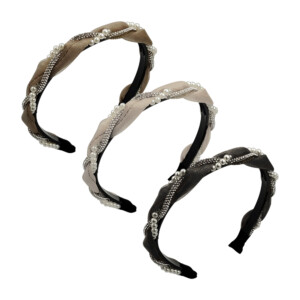 Diadema delgada para el cabello con trenzado de perlas, pedrería y tul, variedad de colores / lu9188