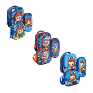 Mochila infantil con 2 compartimentos, diseño tipo relieve, luces + lonchera y lapicera con estampado de labubu, variedad de colores / w1288-2