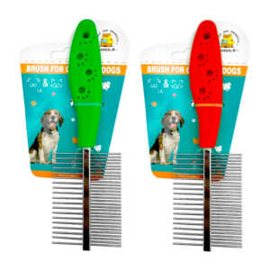 Peine doble con cerdas de acero inoxidable y mango de plástico con huellitas / brush for cats and dogs / 18-0024