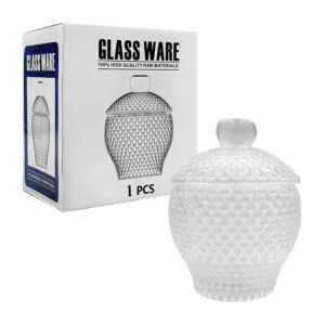 Azucarera mediana de cristal-vidrio con tapadera, 12x9.3x9.3cm / glass ware / a7602