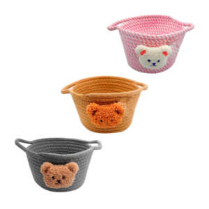Cesta mediana para almacenamiento con diseño de cuerda trenzada, 2 asas y decoración de peluche osito, variedad de colores y diseños / ay-1160
