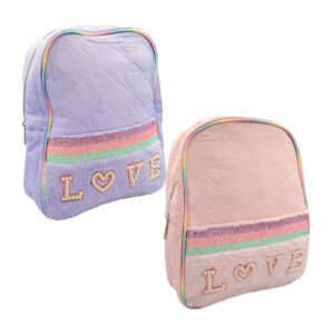 Mochila pequeña infantil de 1 compartimento, diseño de corazones bordados, inferior afelpado con leyenda love de perlas, variedad de colores / bb-1010
