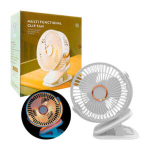 Ventilador redondo con base de clip para escritorio con 3 aspas, 5 velocidades y luz led, variedad de colores / multi functional clip fan / fan-j11